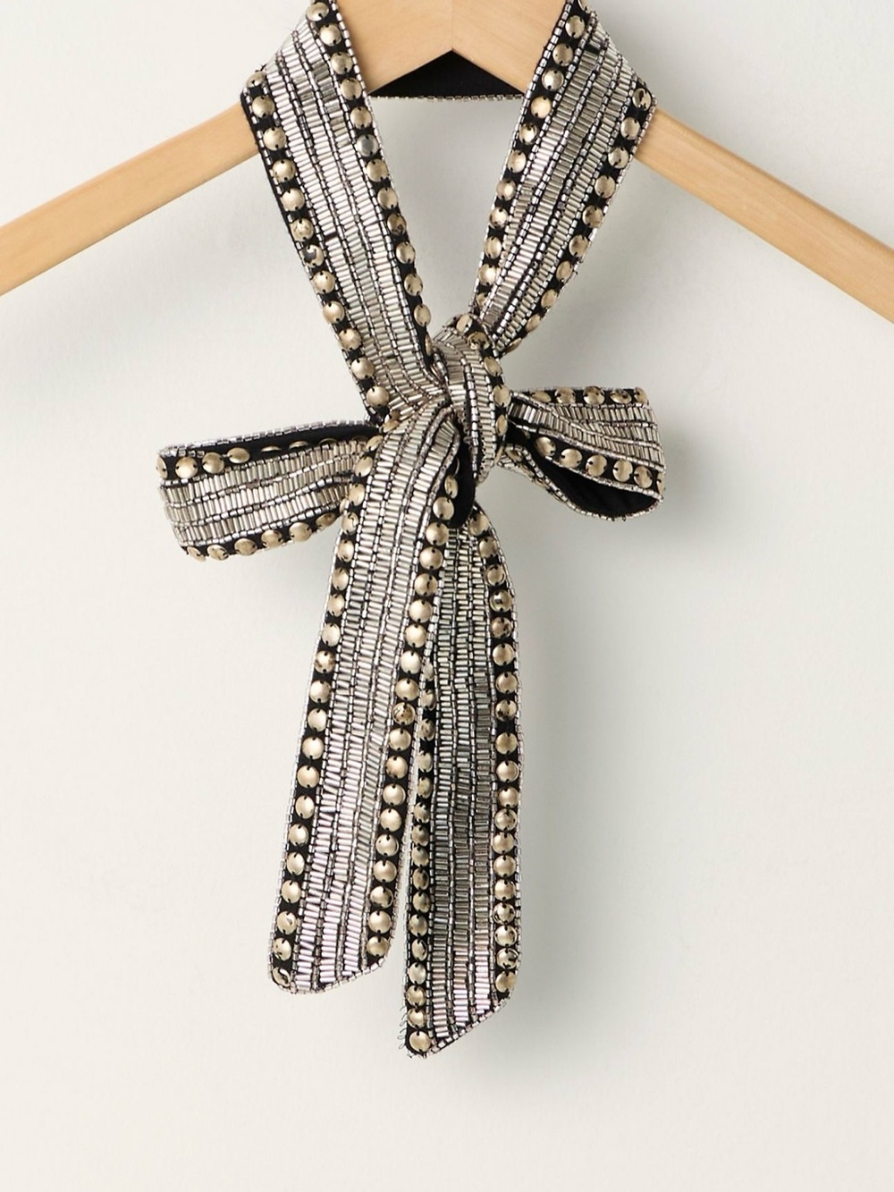 Free People Black and Silver Beaded Bow Scarf Necklace